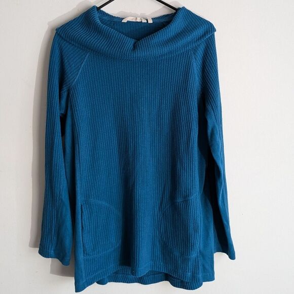 Soft Surroundings Blue Waffle Knit Cowl Neck Sweater Top Women's Size Large - Picture 1 of 10